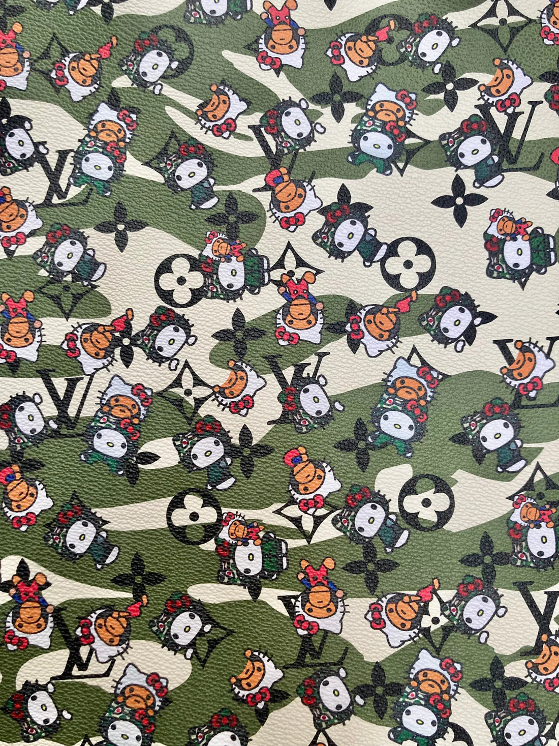 Bape Kitty Cartoon Camouflage LV Vinyl Faux Leather Fabric for Custom Sneakers DIY Crafts Sewing