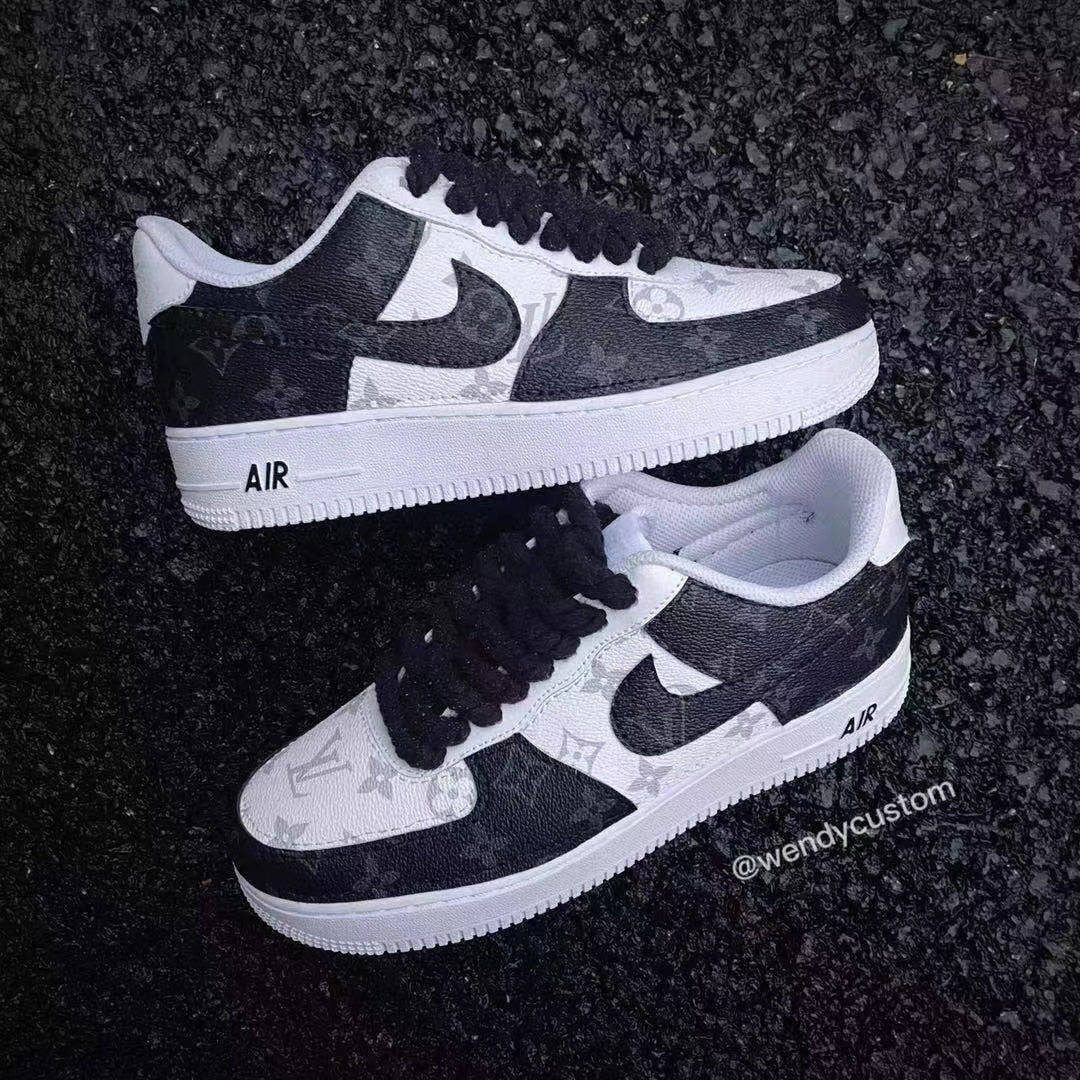 Black White Grey Classic Monogram LV Custom Sneakers Air Force One for Woman